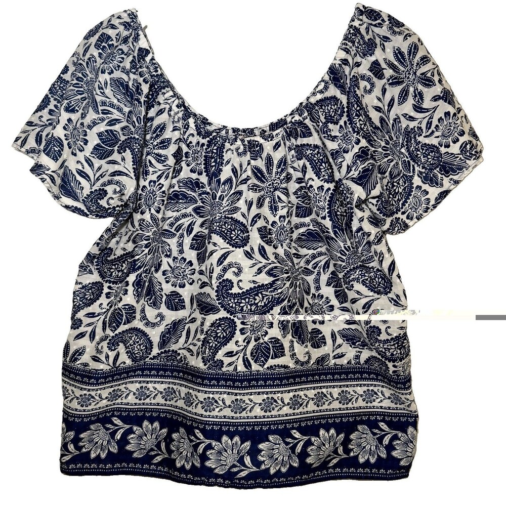 LOFT Women’s Small Blue White Floral Paisley Cotton Peasant Blouse Boho